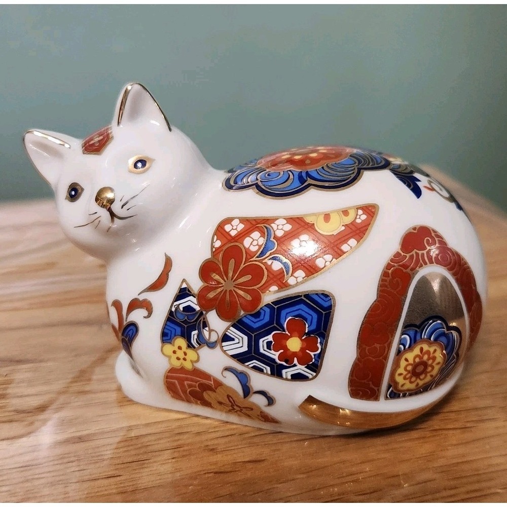 Japanese  Porcelain Decorated Cat Figurine Floral Gold Accents Imari Like Gift